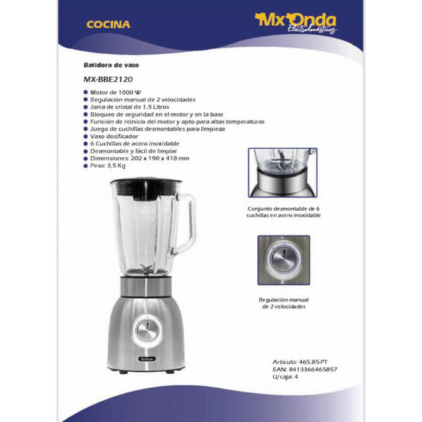 Μπλέντερ Κύπελλο Mx Onda MXBBE2120 Χάλυβας 1000 W - Image 2